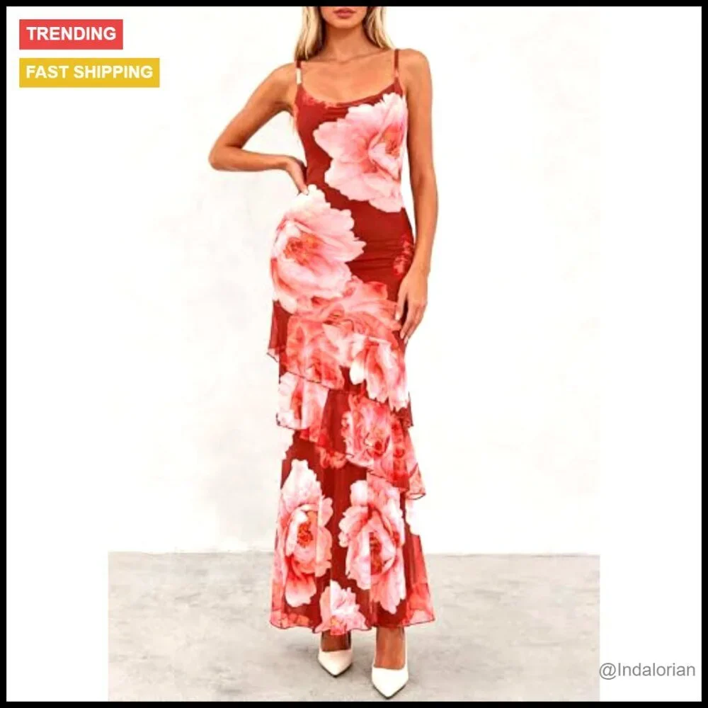 Tiered Floral Maxi Dress Spaghetti Strap Beach Wedding Guest Long Sundress - Picture 6 of 7